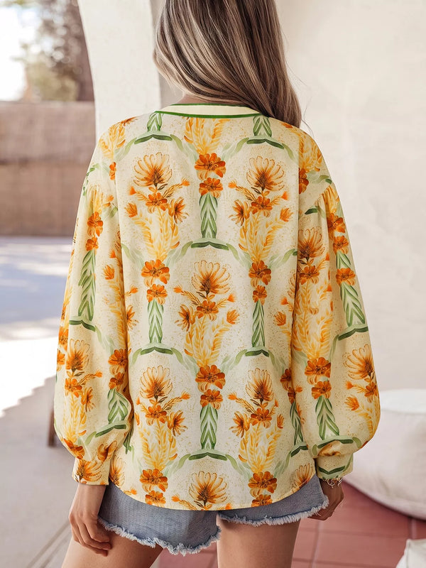 Floral Print V Neck Long Sleeve Shirt