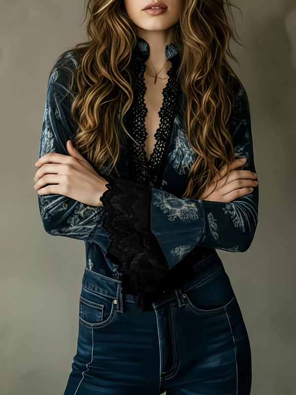 Lace Trim Flare Sleeves Blouse