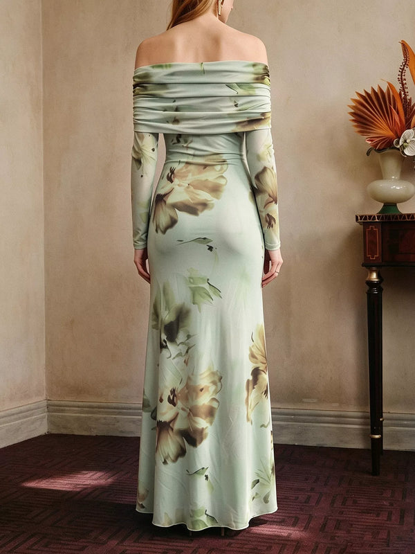 Ruffled Slit Off Shoulder Maxi Dress