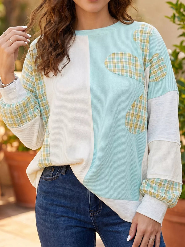 Plaid Patchwork Round Neck Long Sleeve Top