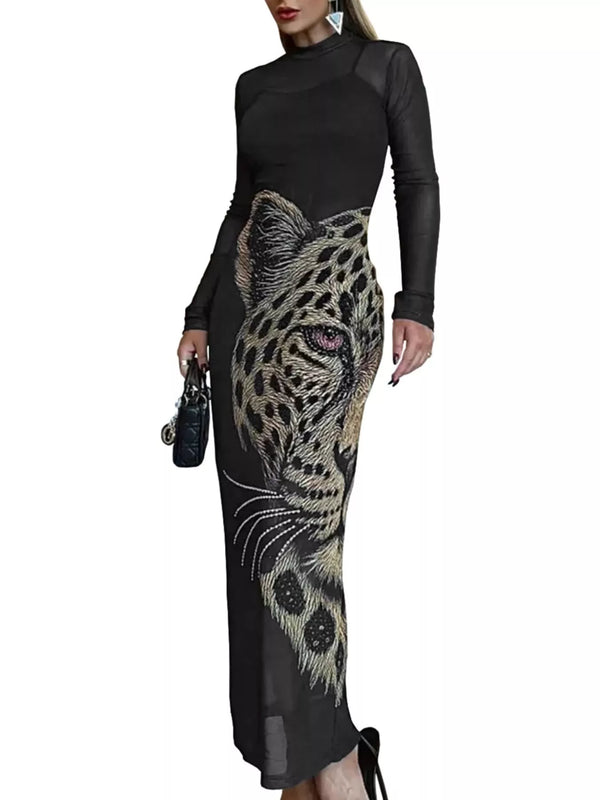 Leopard Print Mesh Long Sleeve Maxi Dress