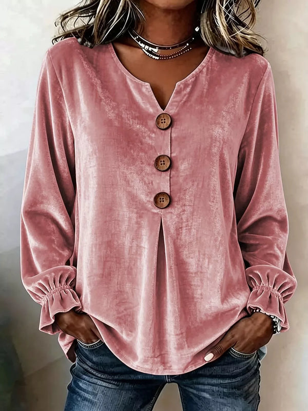 Full Size Velvet Button Decor Blouse with Ruffled Cuffs Plus Size