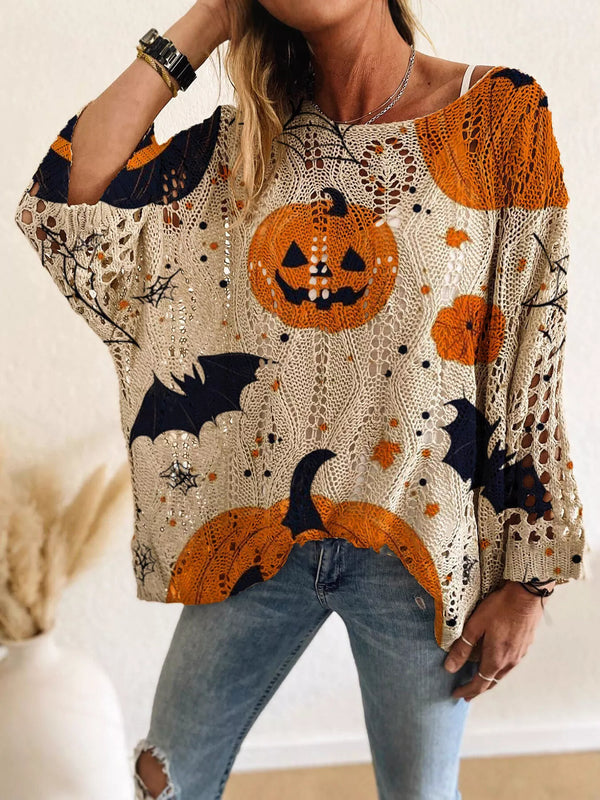 Full Size Halloween Pumpkin Loose Knit Cover Up Plus Size