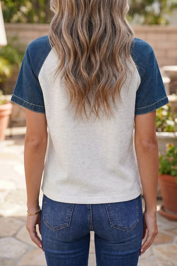 Textured Color Block Denim Patchwork Polo Collar Tee