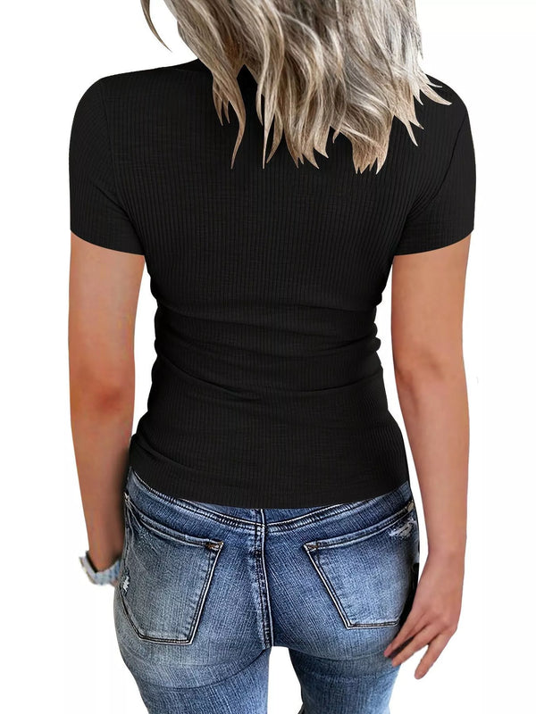 Ribbed Knit T-Shirt with Button Detail
