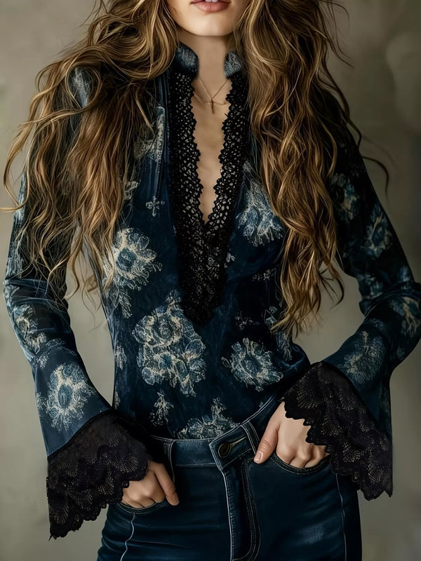 Lace Trim Flare Sleeves Blouse