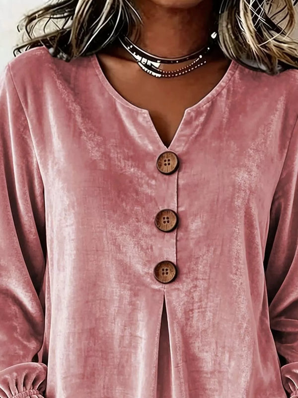 Full Size Velvet Button Decor Blouse with Ruffled Cuffs Plus Size