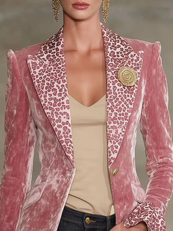 Velvet Leopard Lapel Collar One Button Blazer
