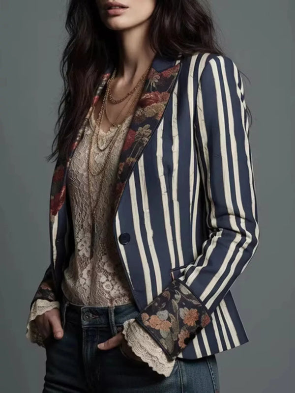 Striped Floral Contrast Slim Fit Blazer