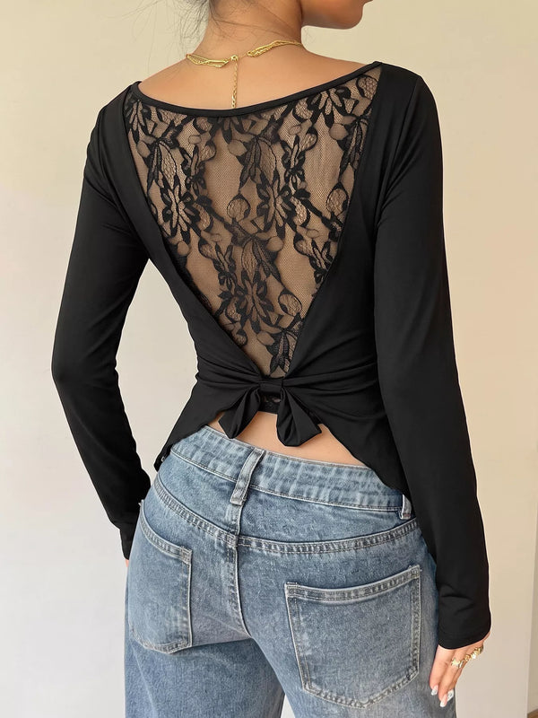 Lace Back Tie Long Sleeve Top