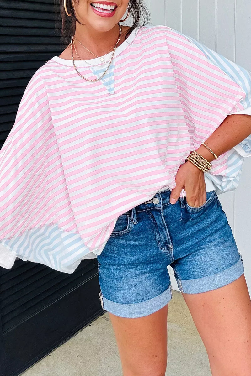 Casual Stripe Oversize Dolman Sleeve Patchwork T Shirt