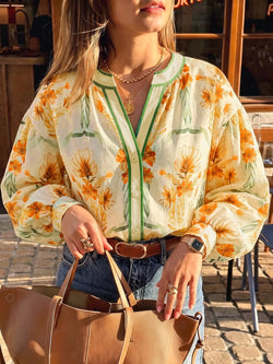 Floral Print V Neck Long Sleeve Shirt