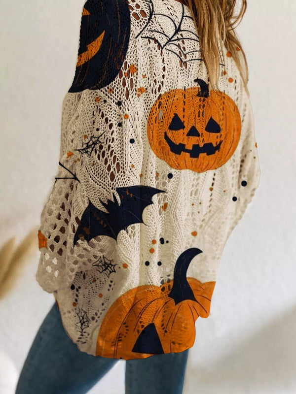 Full Size Halloween Pumpkin Loose Knit Cover Up Plus Size